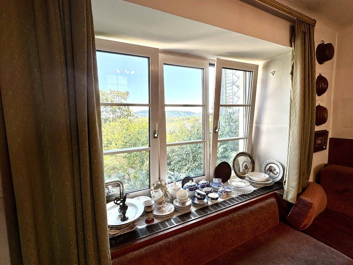 Fensterbereich im Wohnzimmer mit Blick auf die grüne Landschaft und dekorativem Geschirr.