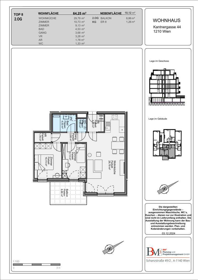 Detaillierter Grundriss der Wohnung Top 8 mit 64,25 m² Wohnfläche und Balkon.