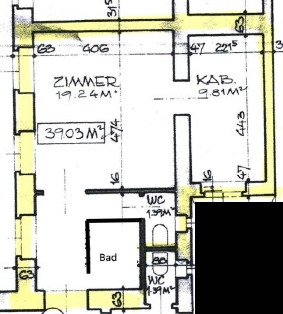 Grundriss zeigt die Aufteilung der Zimmer, Bad und zwei WCs mit Flächenangaben.