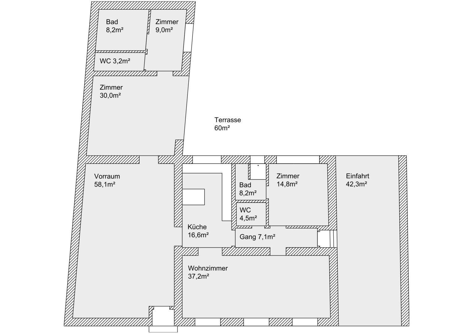 Grundrissplan mit verschiedenen Räumen, Flächenangaben und einer großen Terrasse.