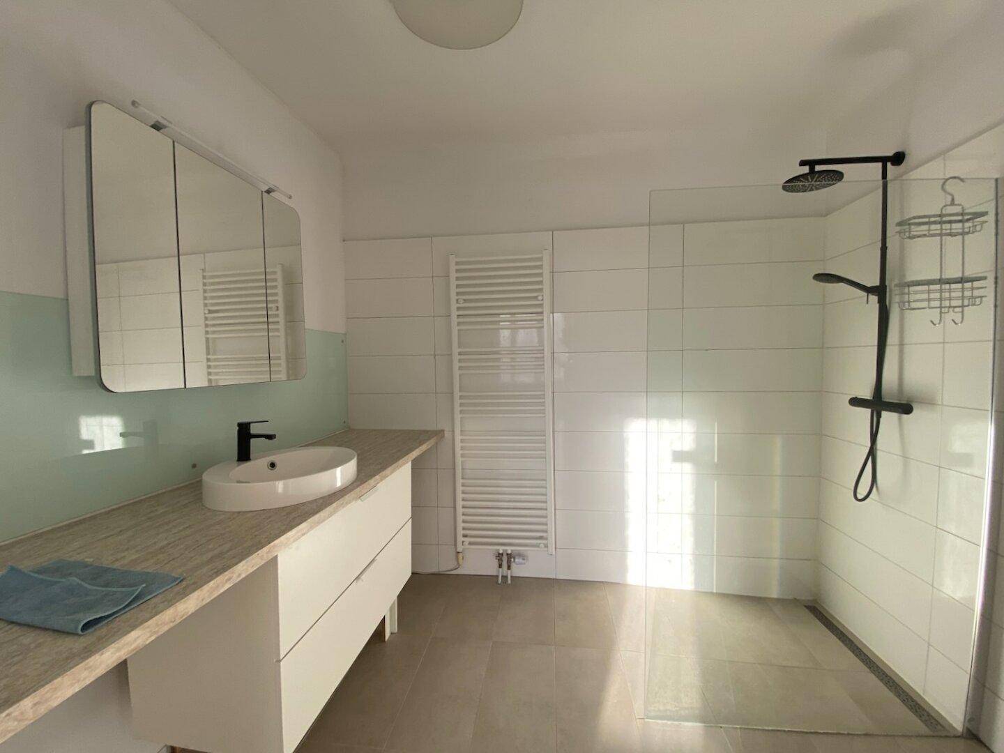 Modernes Badezimmer mit großer begehbarer Dusche, Waschbecken und beheiztem Handtuchhalter.