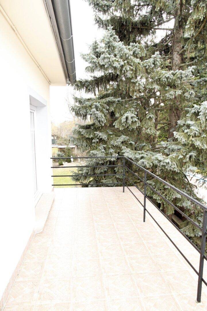 Schmaler Balkon mit Fliesenboden und Metallgeländer, umgeben von hohen Bäumen.