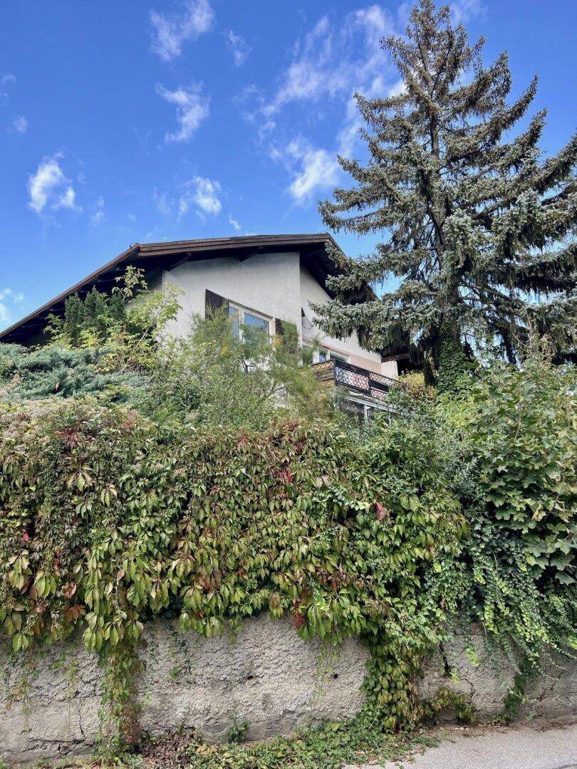 Älteres Wohnhaus hinter einer Steinmauer und dichtem Bewuchs in einer ländlichen Umgebung.