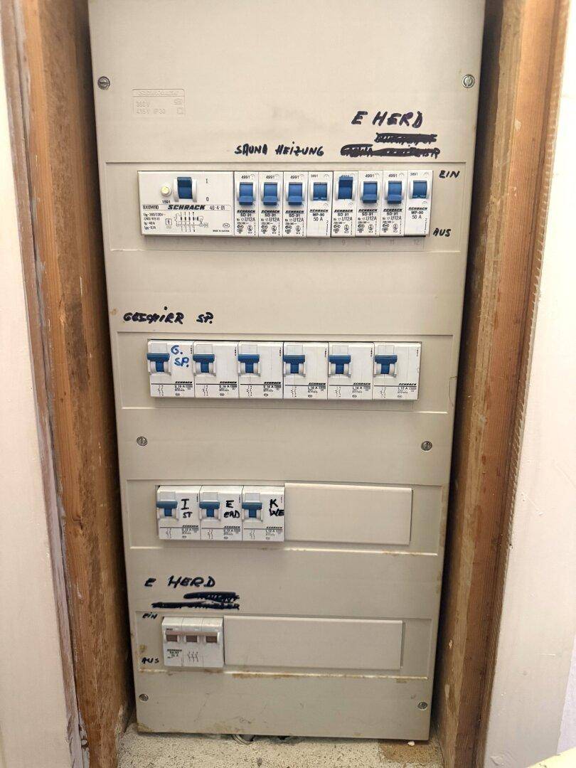 Elektrischer Sicherungskasten mit verschiedenen Schaltern und Beschriftungen.