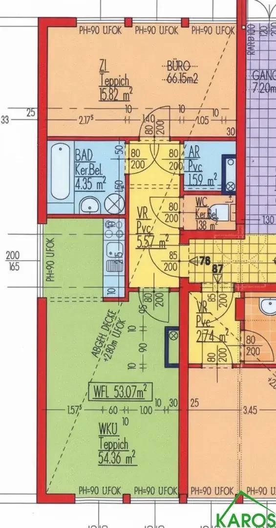Grundriss einer Wohnung mit separatem Büro, Bad, WC und Küche, sowie verschiedenen Bodenbelägen.