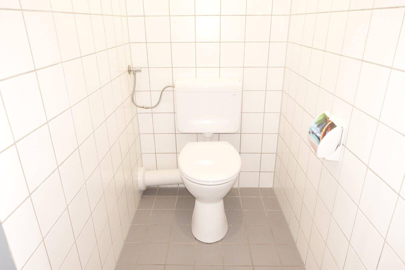 Separates WC mit weißer Toilette und hellen Fliesen, sauber und funktional gestaltet.