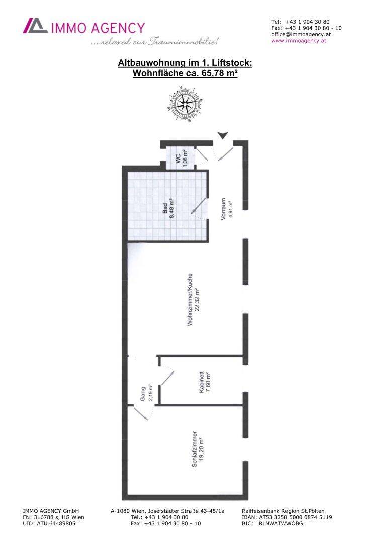 Grundriss einer Altbauwohnung mit 65,78 m² Wohnfläche, aufgeteilt in Wohnzimmer/Küche, Schlafzimmer, Bad und WC.
