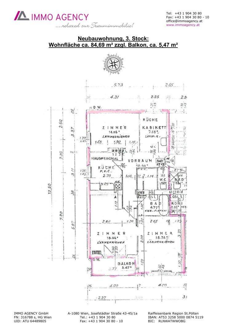 Grundriss einer Neubauwohnung im 3. Stock mit 84,69 m² Wohnfläche und Balkon.