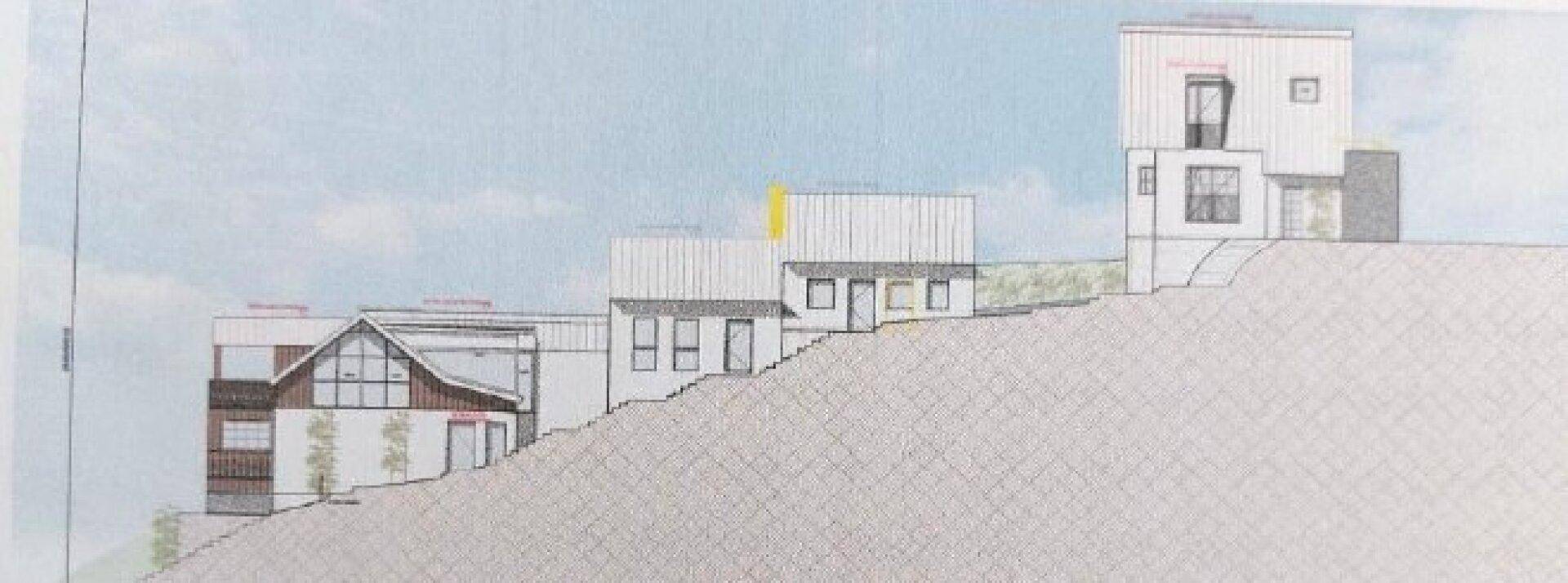 Architektonische Ansicht von mehreren Gebäuden, die sich terrassenförmig an einen Hang schmiegen.