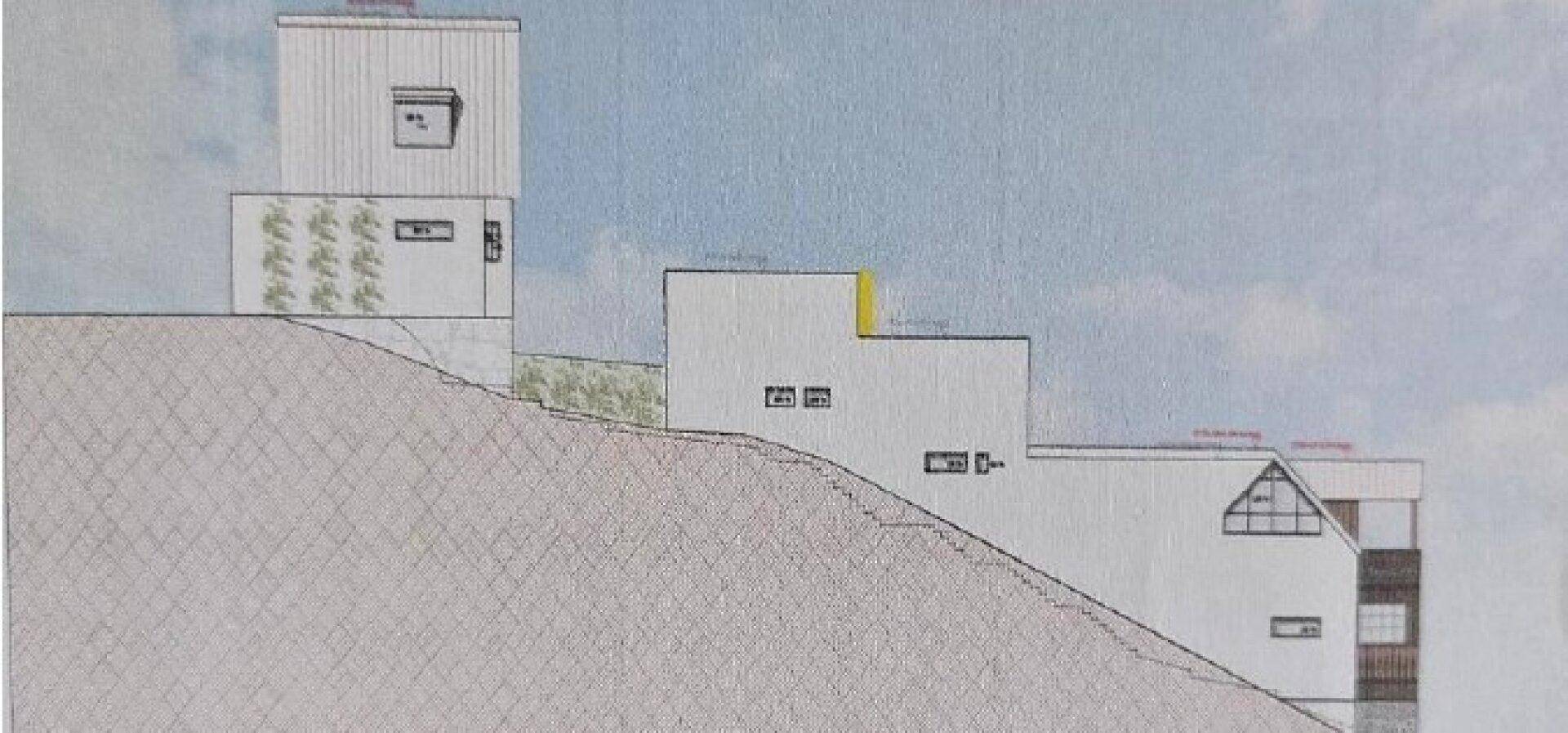 Seitenansicht eines architektonischen Entwurfs von Gebäuden, die in eine Hanglage integriert sind.