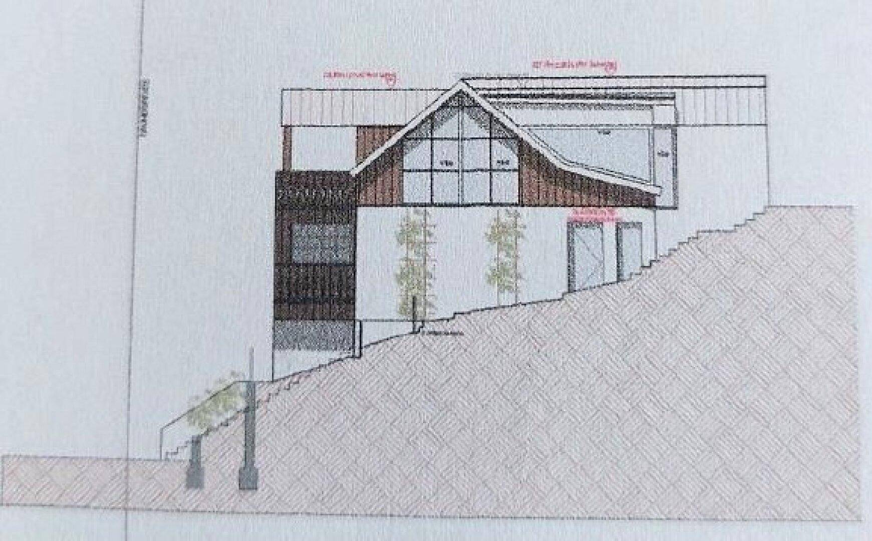 Architektonische Ansicht eines modernen Gebäudes mit großen Fenstern und schrägem Dach am Hang.