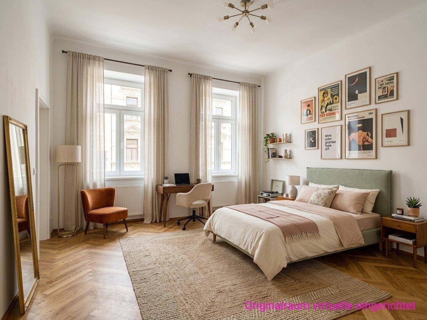 Geräumiges Schlafzimmer mit Fischgrätparkett, großem Bett und einem gemütlichen Arbeitsplatz am Fenster.