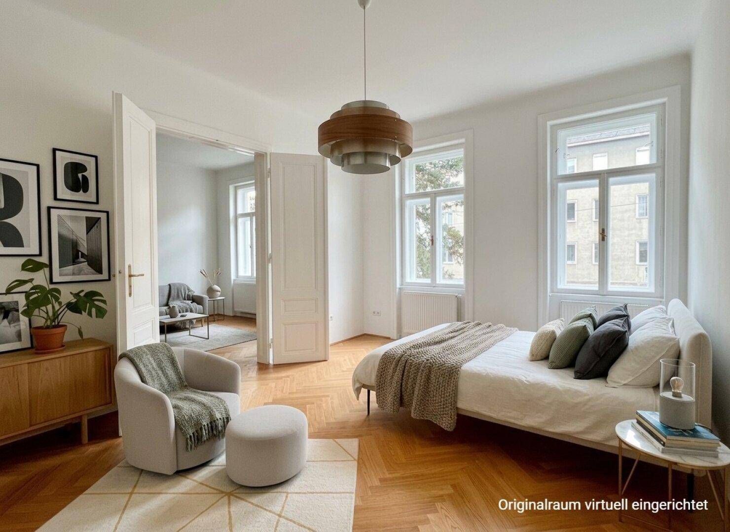 Helles Schlafzimmer mit Fischgrätparkett, hohen Decken und Zugang zu einem weiteren Raum.