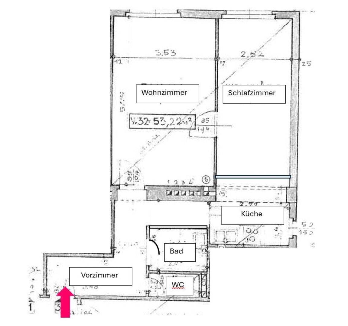 Grundriss einer Wohnung mit Wohnzimmer, Schlafzimmer, Küche, Bad und separatem WC.