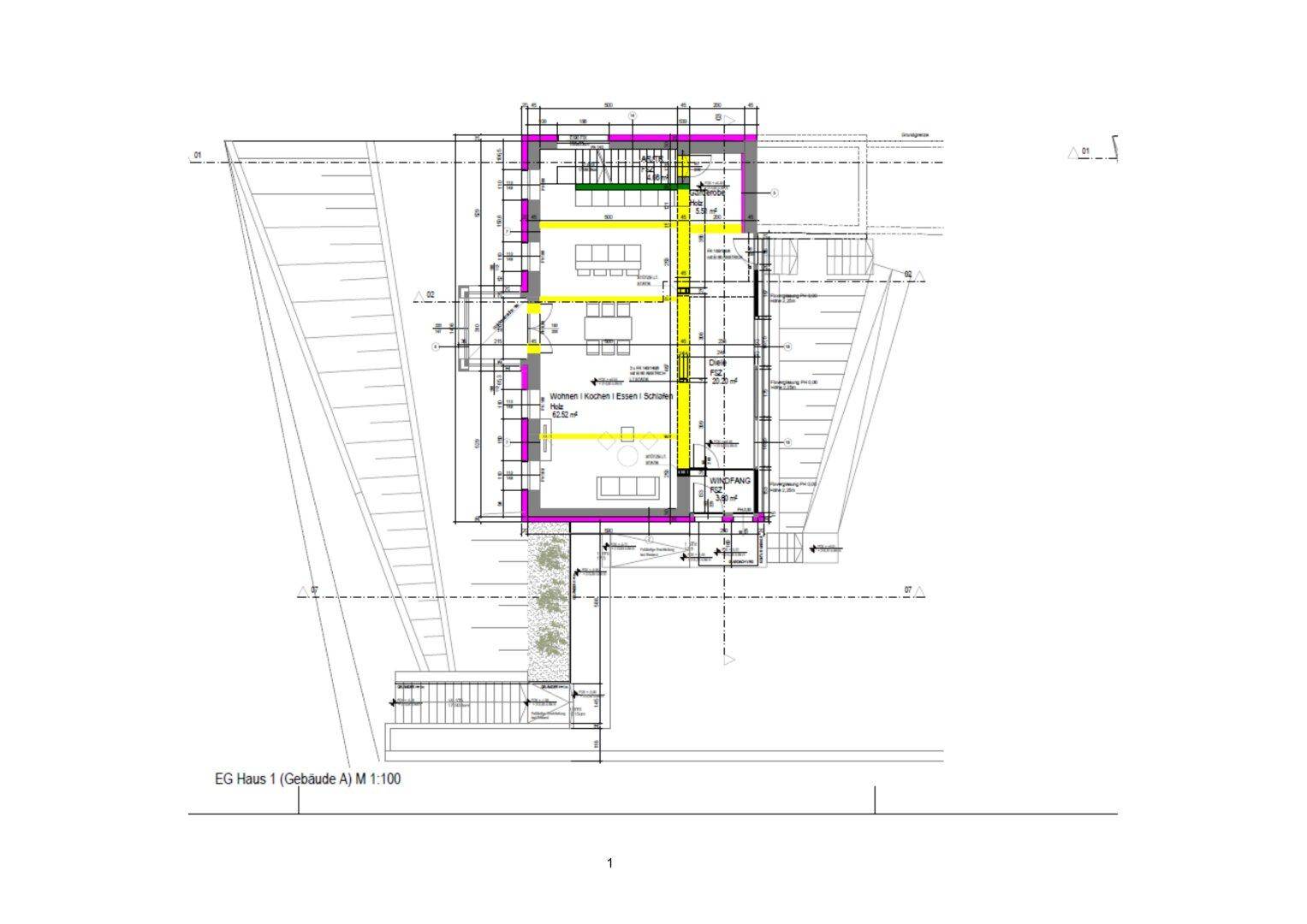 Grundriss des Erdgeschosses von Haus 1 mit offenem Wohnbereich und Zugang zu einer Terrasse.
