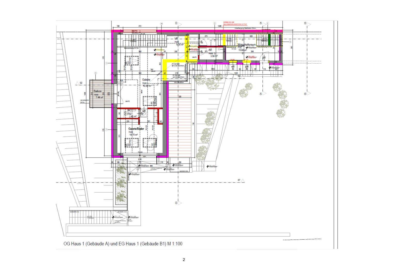 Grundriss des Obergeschosses von Haus 1 mit mehreren Räumen, Balkon und Treppenhaus.