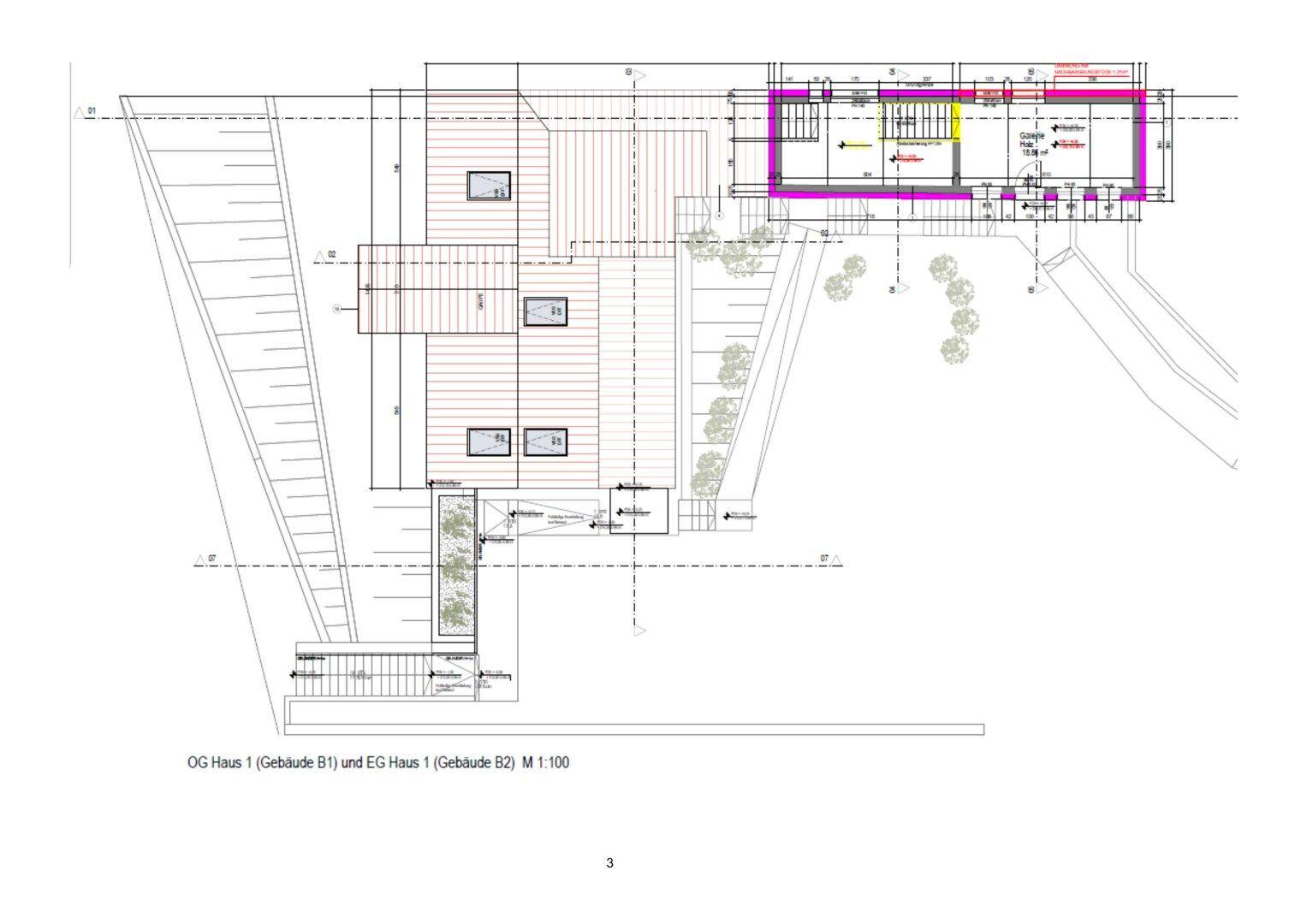 Grundriss des Obergeschosses von Haus 1 mit großzügigen Terrassenbereichen und weiteren Zimmern.