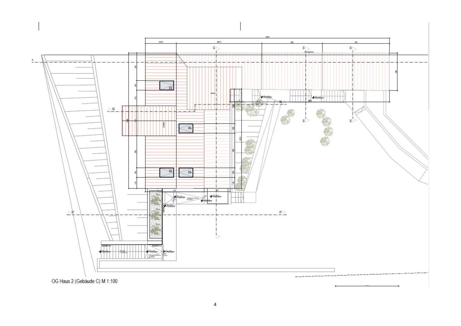 Grundriss des Obergeschosses von Haus 2 mit weitläufigen Terrassenflächen und mehreren Räumen.