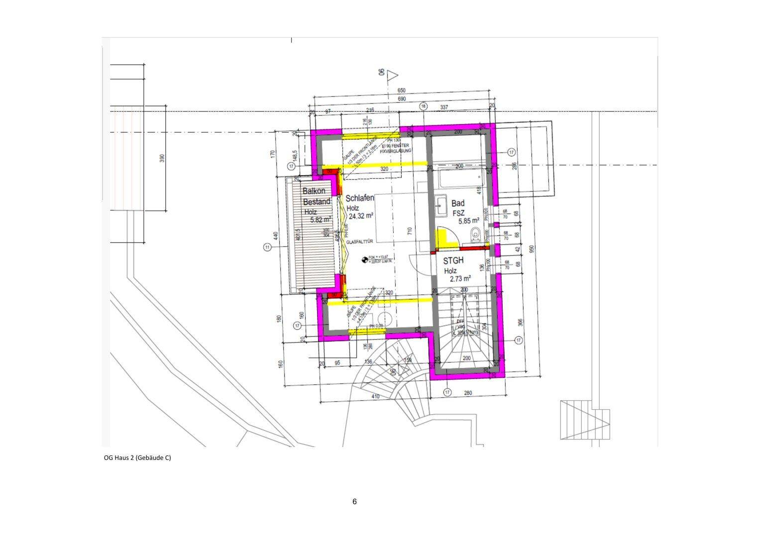 Grundriss des Obergeschosses von Haus 2 mit Schlafzimmer, Badezimmer und direktem Balkonzugang.