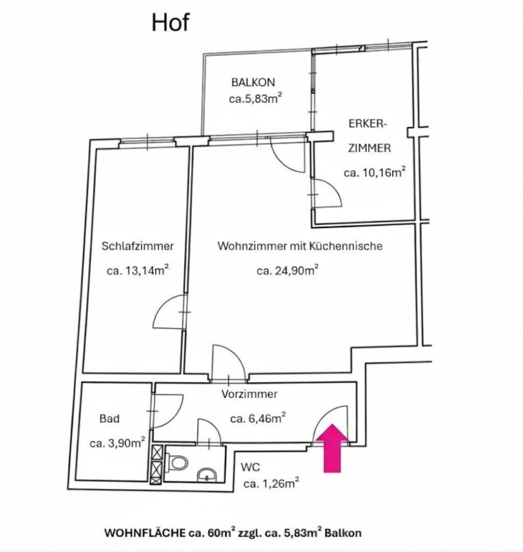 Grundriss einer Wohnung mit Schlafzimmer, Wohnzimmer mit Küchennische, Bad und Balkon.