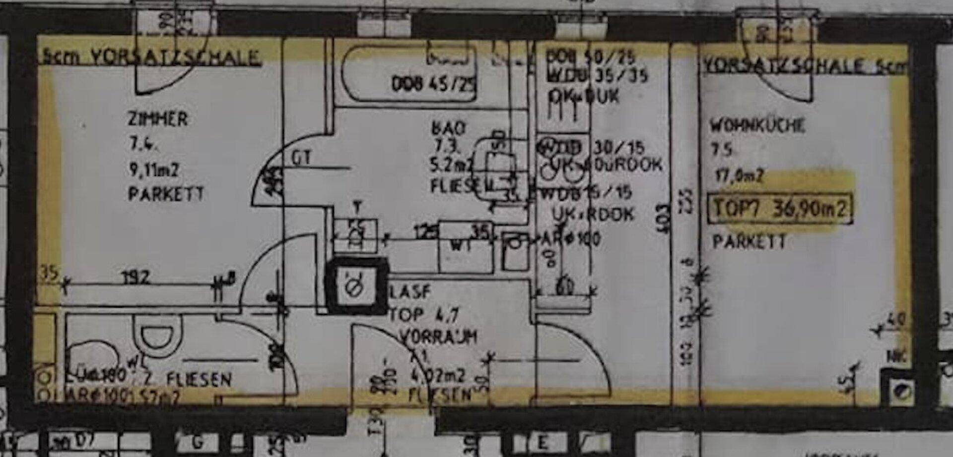 Grundriss einer Wohnung mit einem Zimmer, Bad, Wohnküche und Vorraum, insgesamt 36,90m².