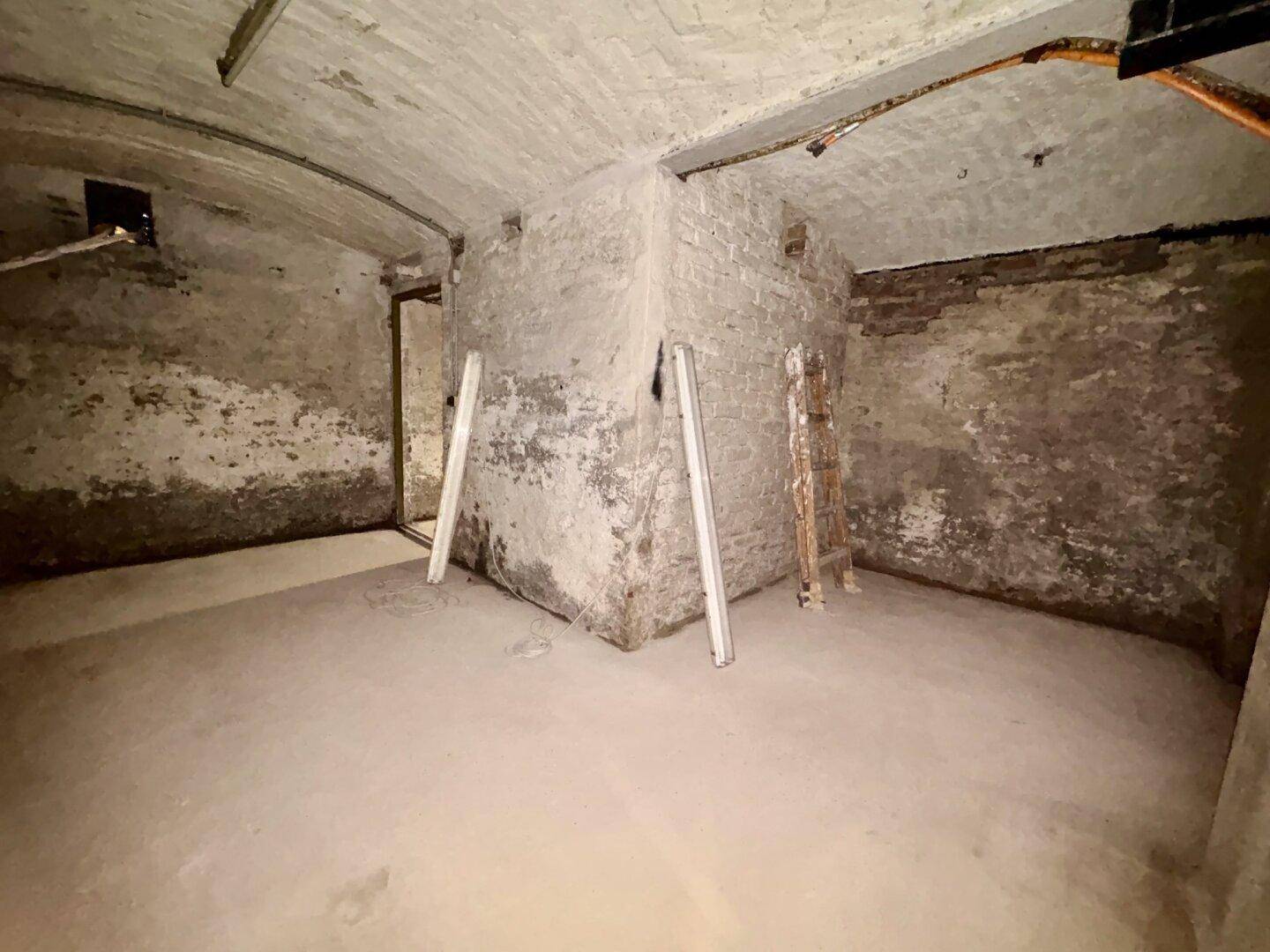 Unausgebauter Kellerraum mit rauen Ziegelwänden, Betonboden und einer gewölbten Decke, die auf Renovierung wartet.