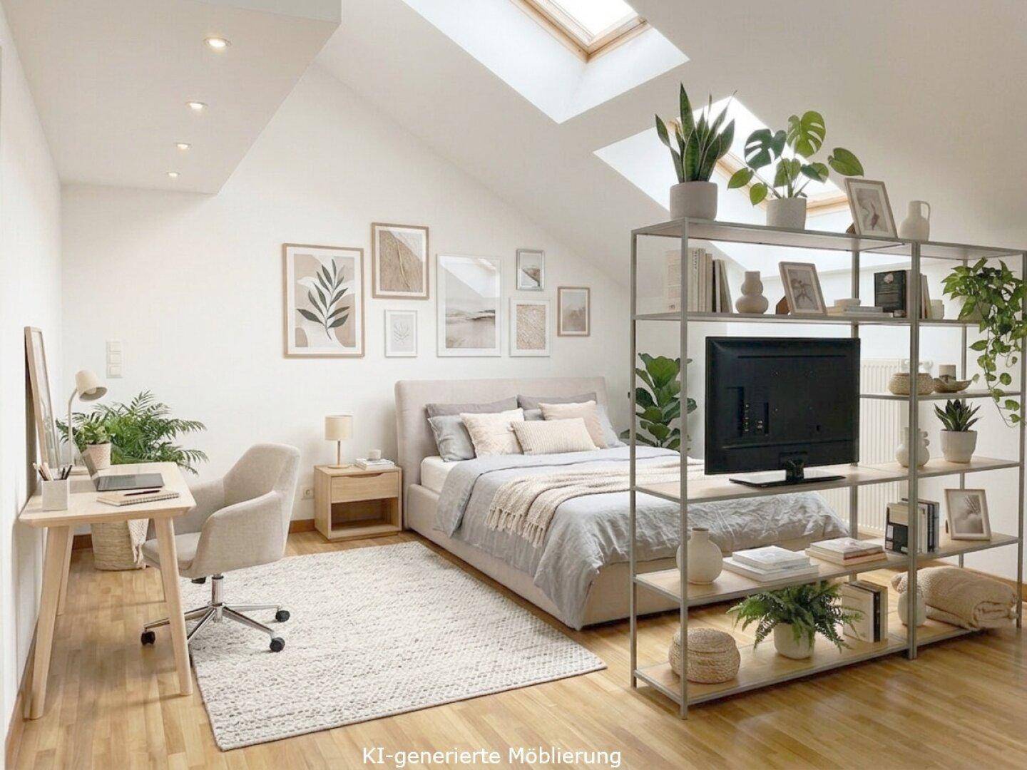 Modernes Schlafzimmer in Dachgeschosswohnung mit Arbeitsbereich, Holzboden und viel Tageslicht durch Dachfenster.