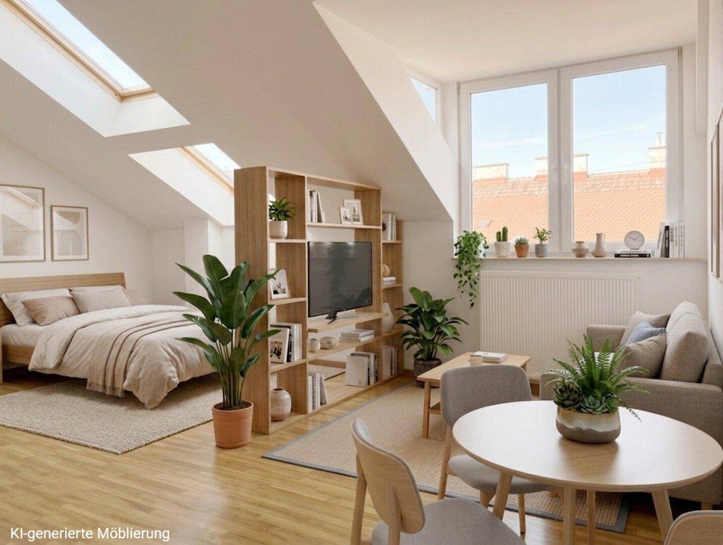 Lichtdurchfluteter Wohn- und Essbereich in einer Dachgeschosswohnung mit Holzboden und gemütlicher Einrichtung.
