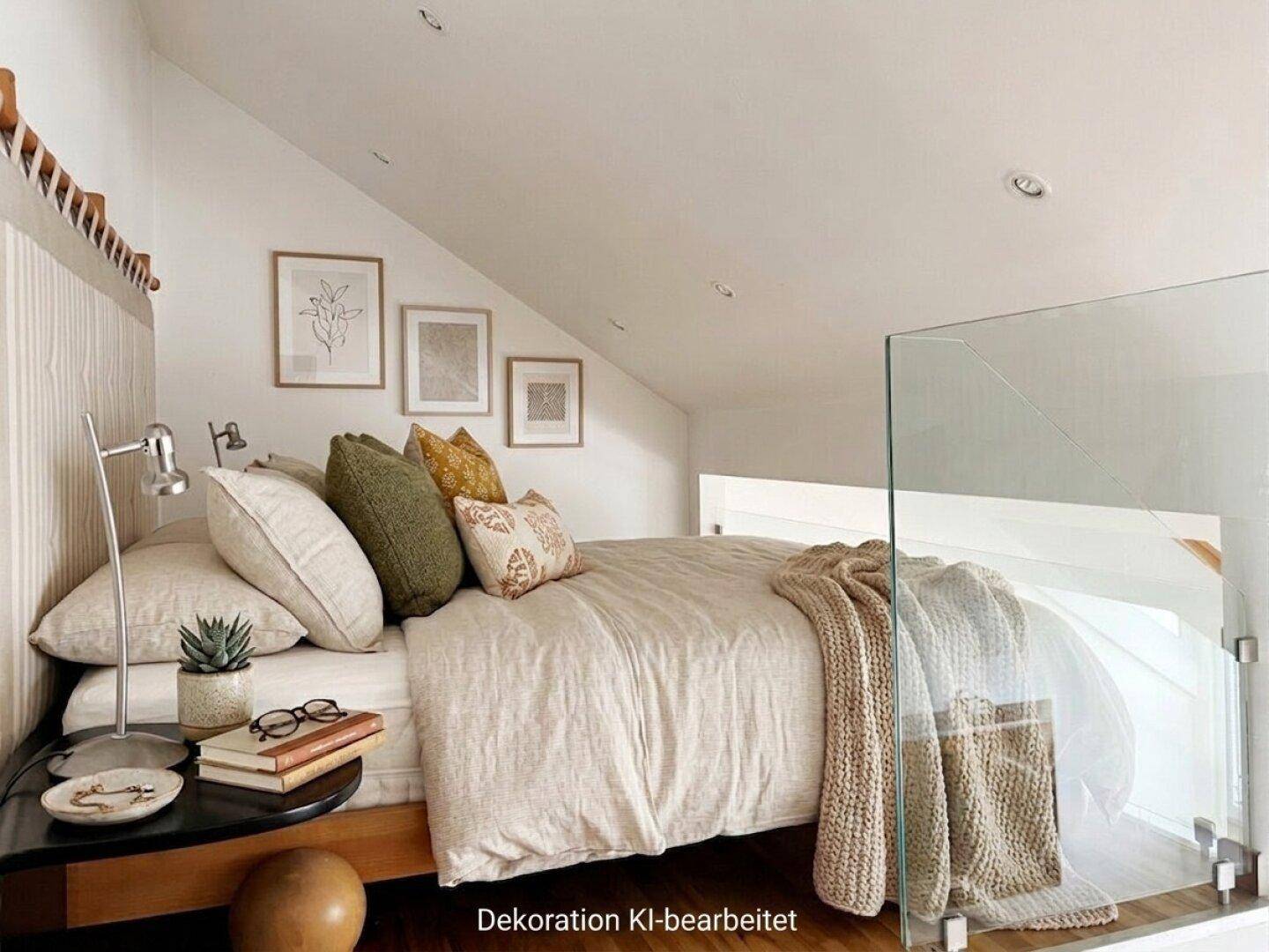 Gemütliches Schlafzimmer auf einer Galerie mit schrägen Decken, Holzbett und moderner Dekoration.