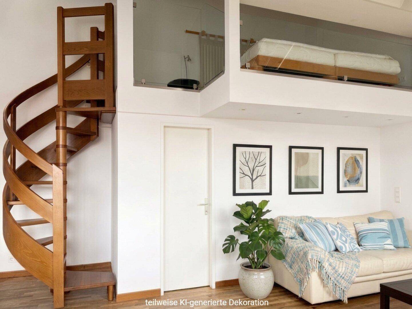 Helles Wohnzimmer mit gemütlichem Sofa, Pflanzen und einer eleganten Holzwendeltreppe zur Galerie.