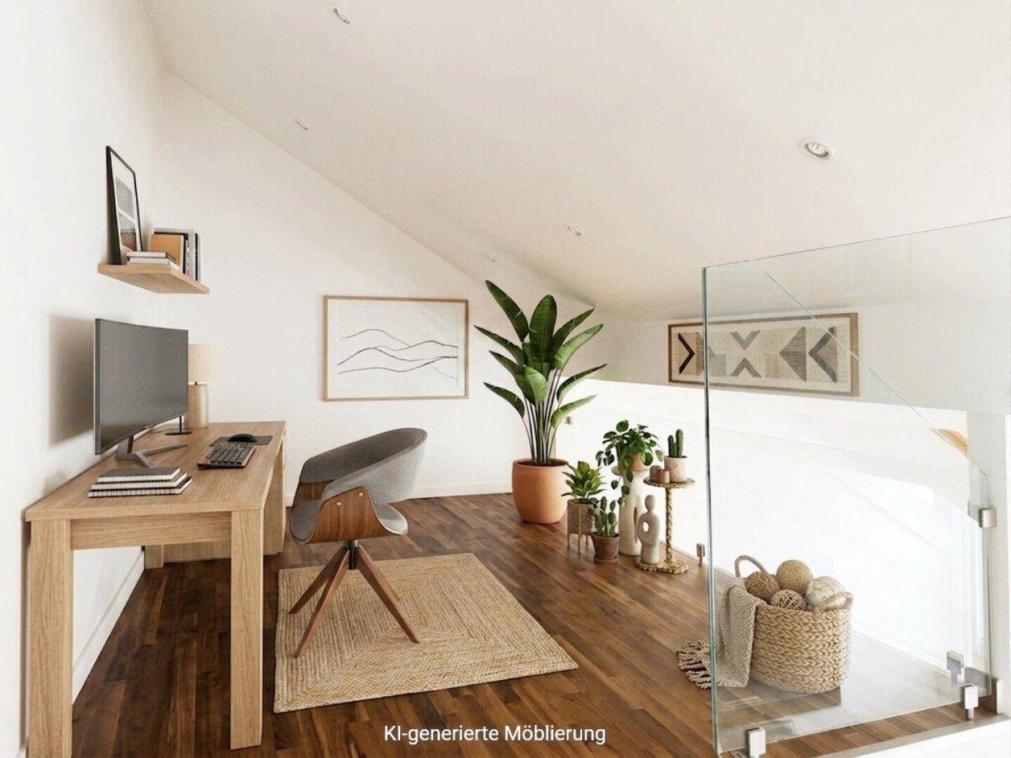 Heller Arbeitsbereich in Dachgeschosswohnung mit Holzboden, Pflanzen und moderner Einrichtung.