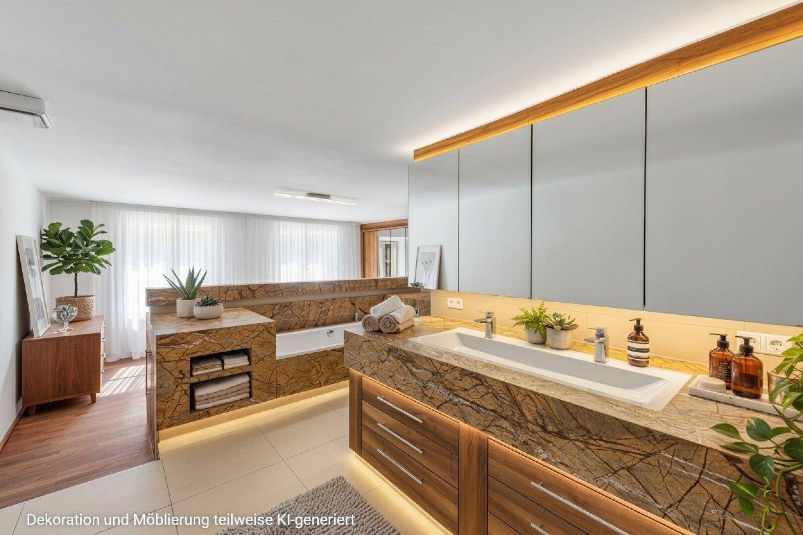 Modernes Badezimmer mit Doppelwaschbecken, Stein-Arbeitsplatten, Badewanne und indirekter Beleuchtung.