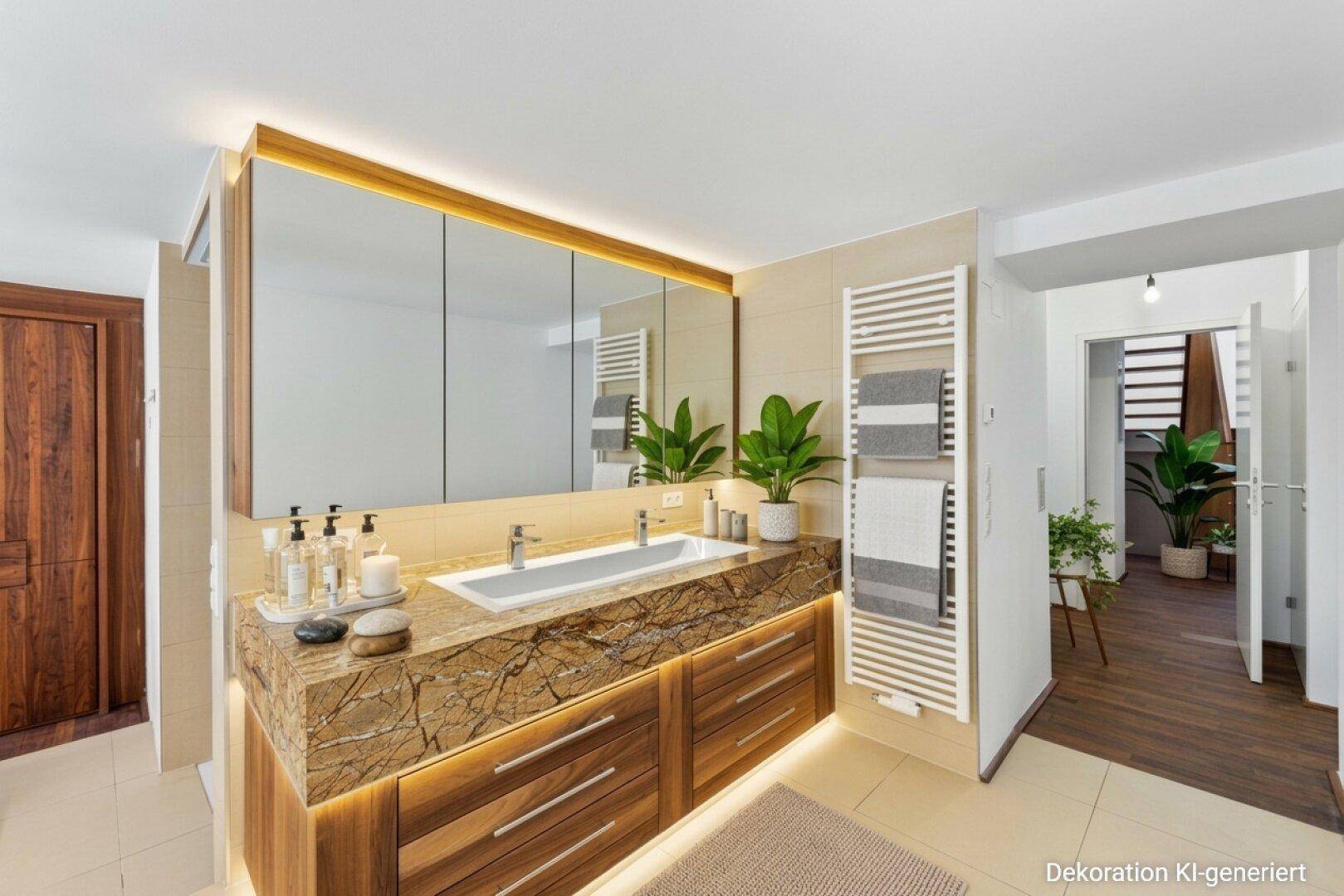 Elegantes Badezimmer mit Einzelwaschbecken, Stein-Arbeitsplatte und beheiztem Handtuchhalter.