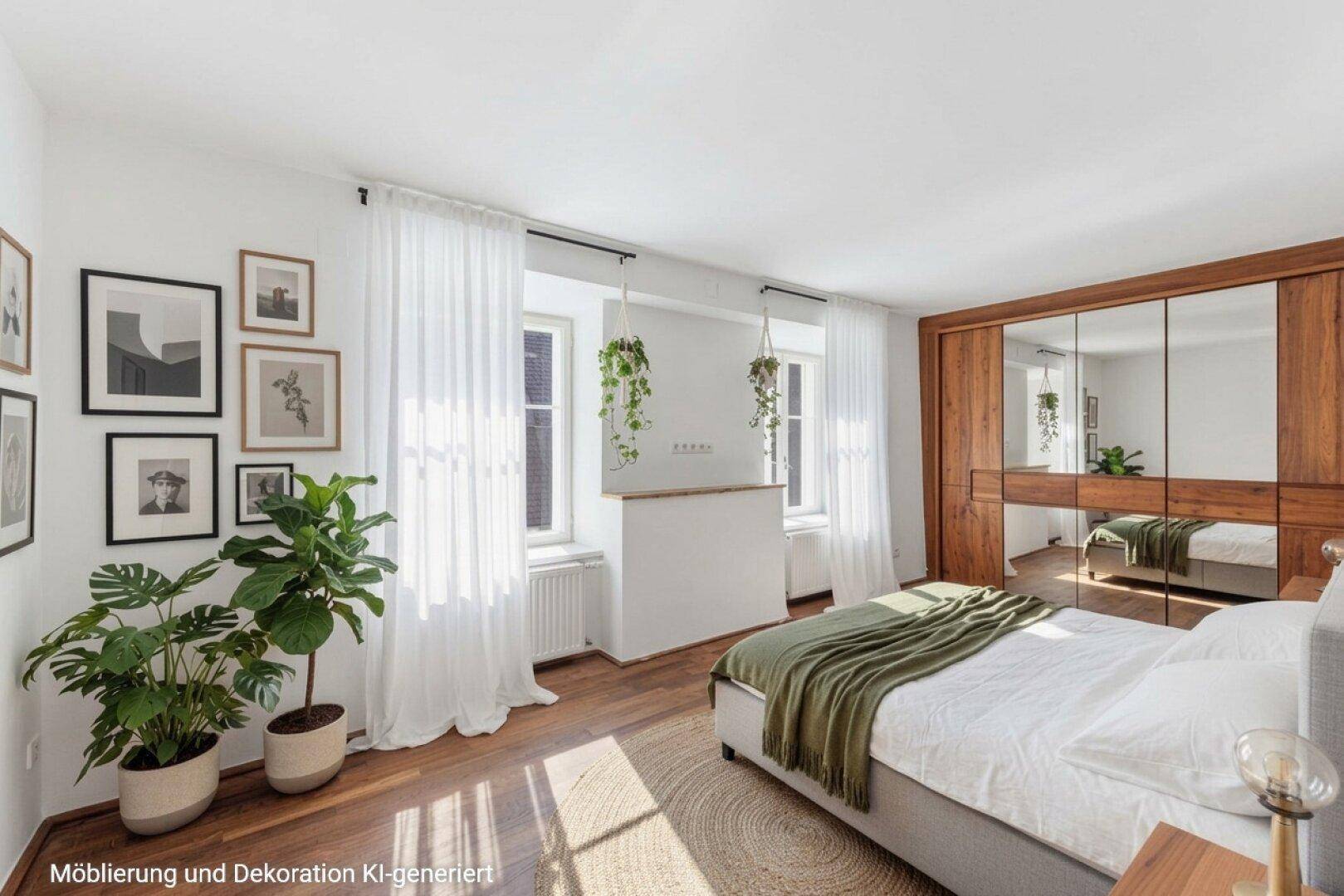 Helles Schlafzimmer mit Holzboden, großem Spiegelschrank und moderner Dekoration.