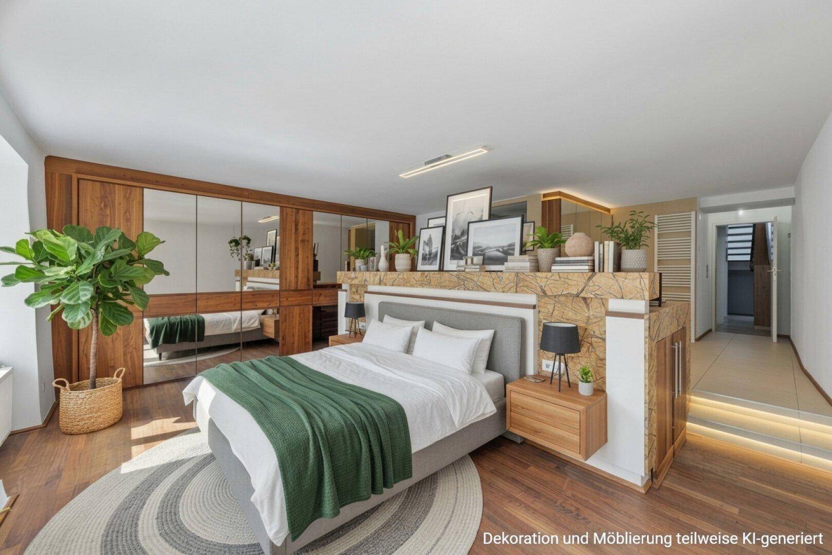 Großzügiges Hauptschlafzimmer mit Holzboden, Spiegelschrank und offenem Übergang zum Bad.