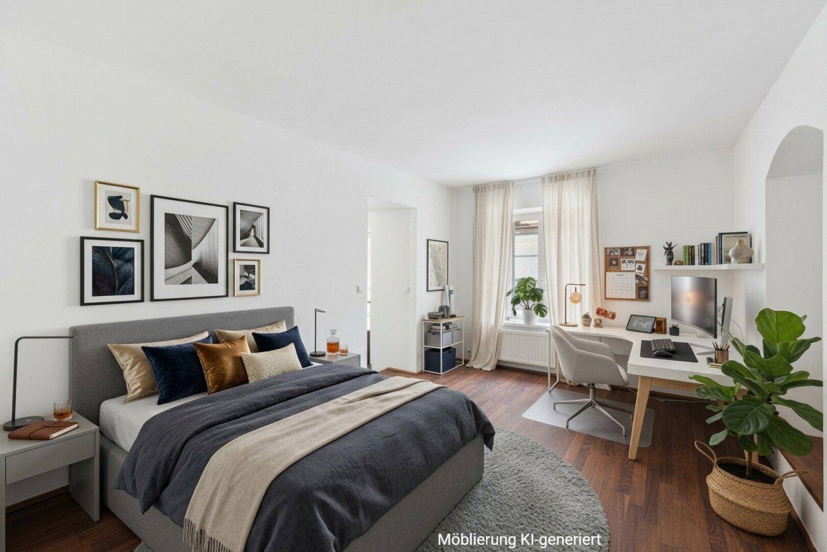 Modern eingerichtetes Schlafzimmer mit Bett, Schreibtisch und warmem Holzboden.