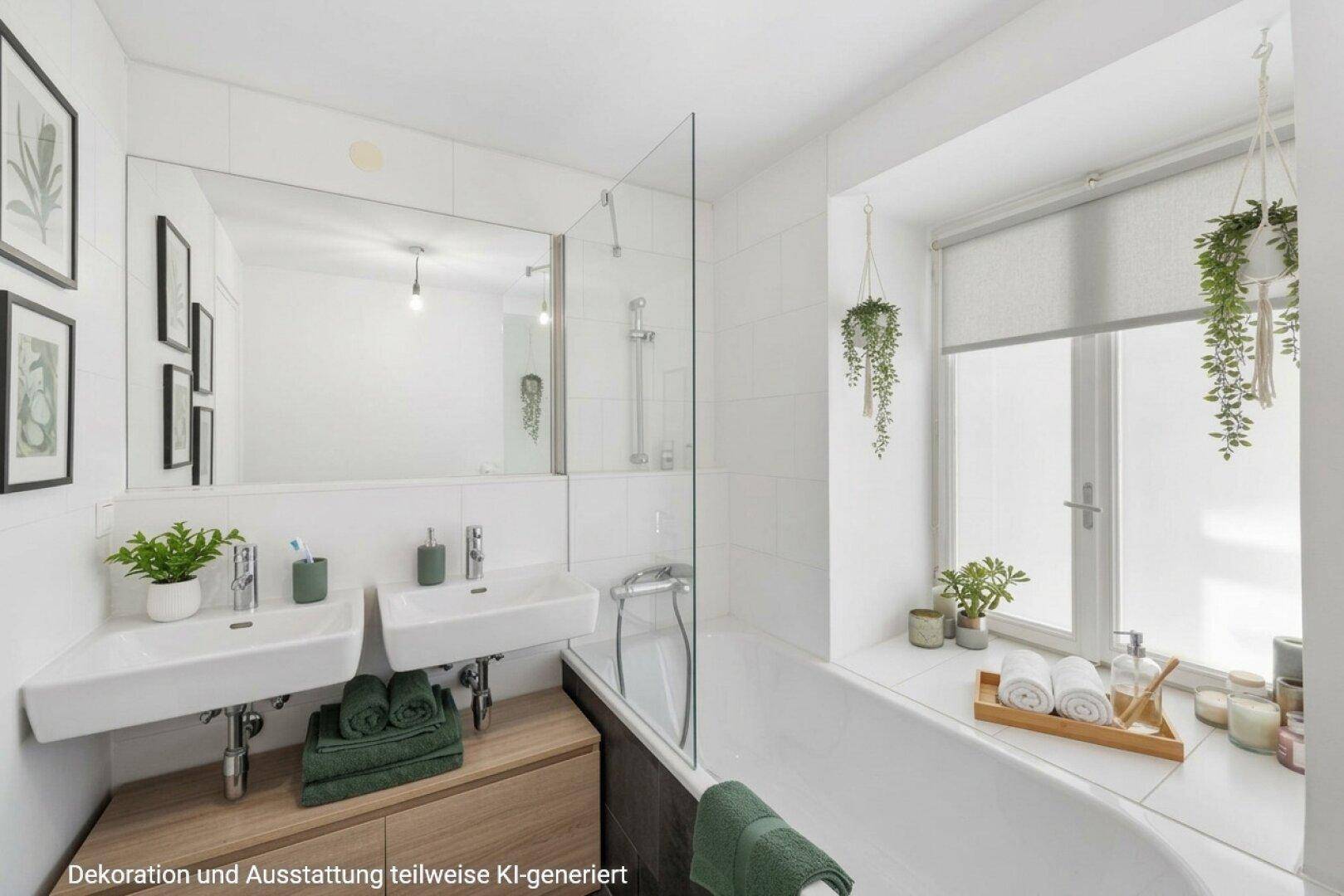 Modernes Badezimmer mit zwei Waschbecken, Badewanne mit Duschfunktion und Fenster.