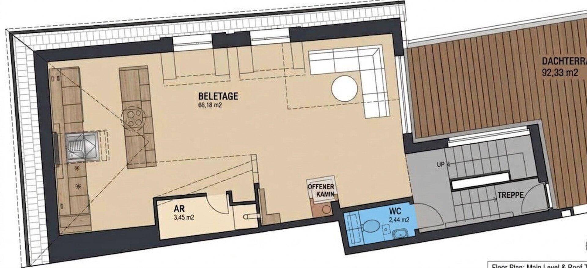 Detaillierter Grundriss der Wohnetage mit offener Küche, Wohnbereich und weitläufiger Dachterrasse.