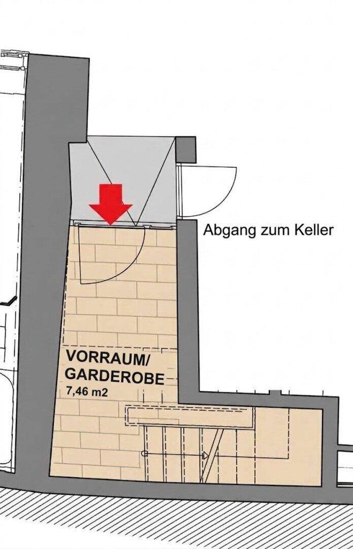 Ausschnitt des Grundrisses mit Vorraum, Garderobe und Zugang zum Keller.