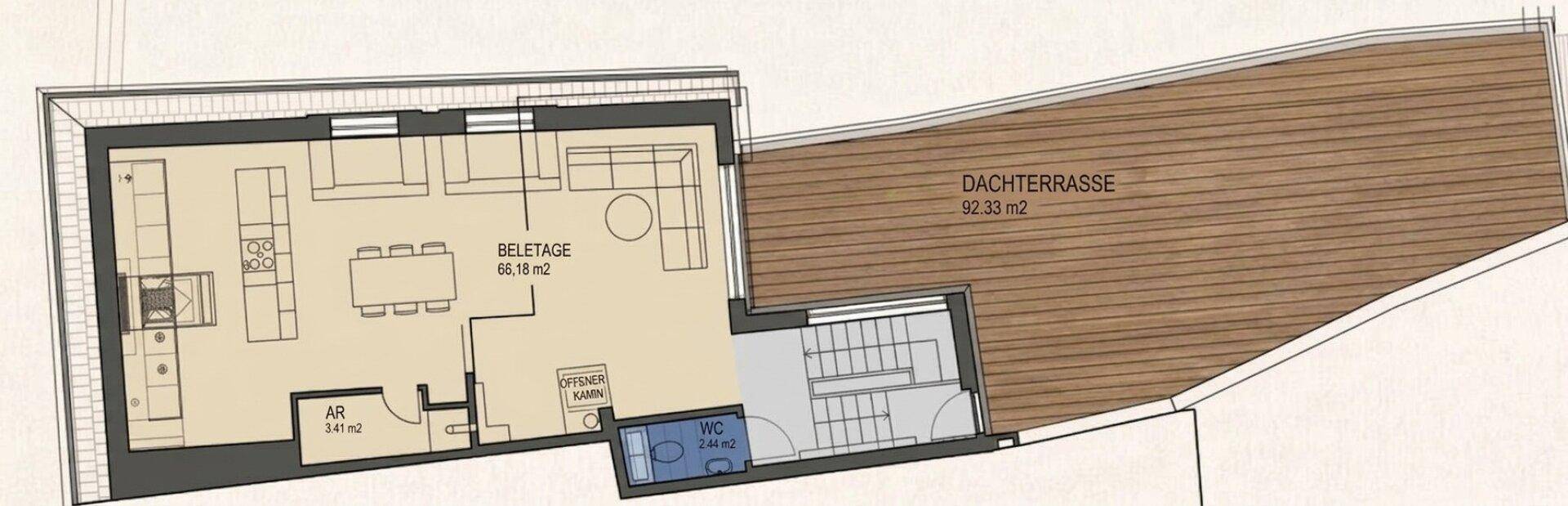 Grundriss der Wohnetage mit offener Küche, Wohnbereich und großer Dachterrasse.
