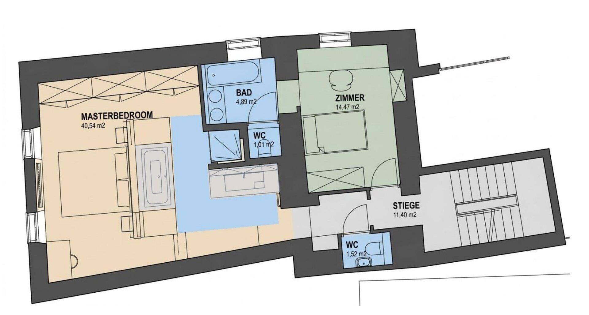 Grundriss der Schlafebene mit Hauptschlafzimmer, weiterem Zimmer und zwei Bädern.