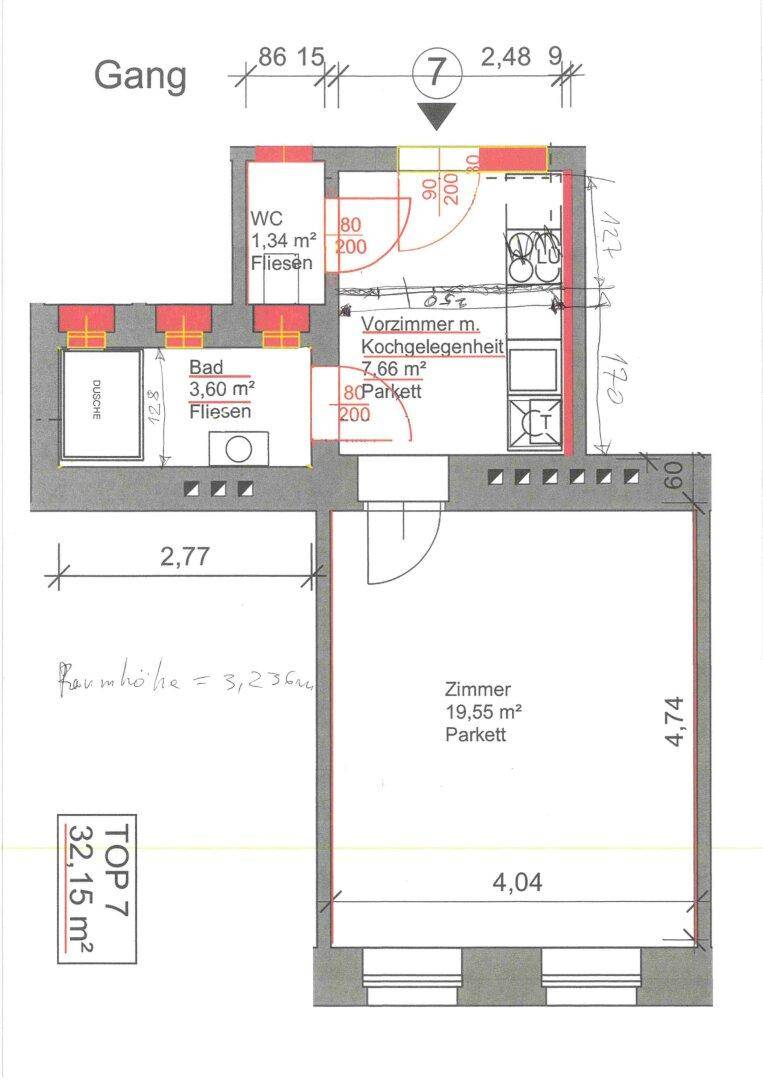 Grundriss der Wohnung mit Zimmer, Kochgelegenheit, Bad und separatem WC.