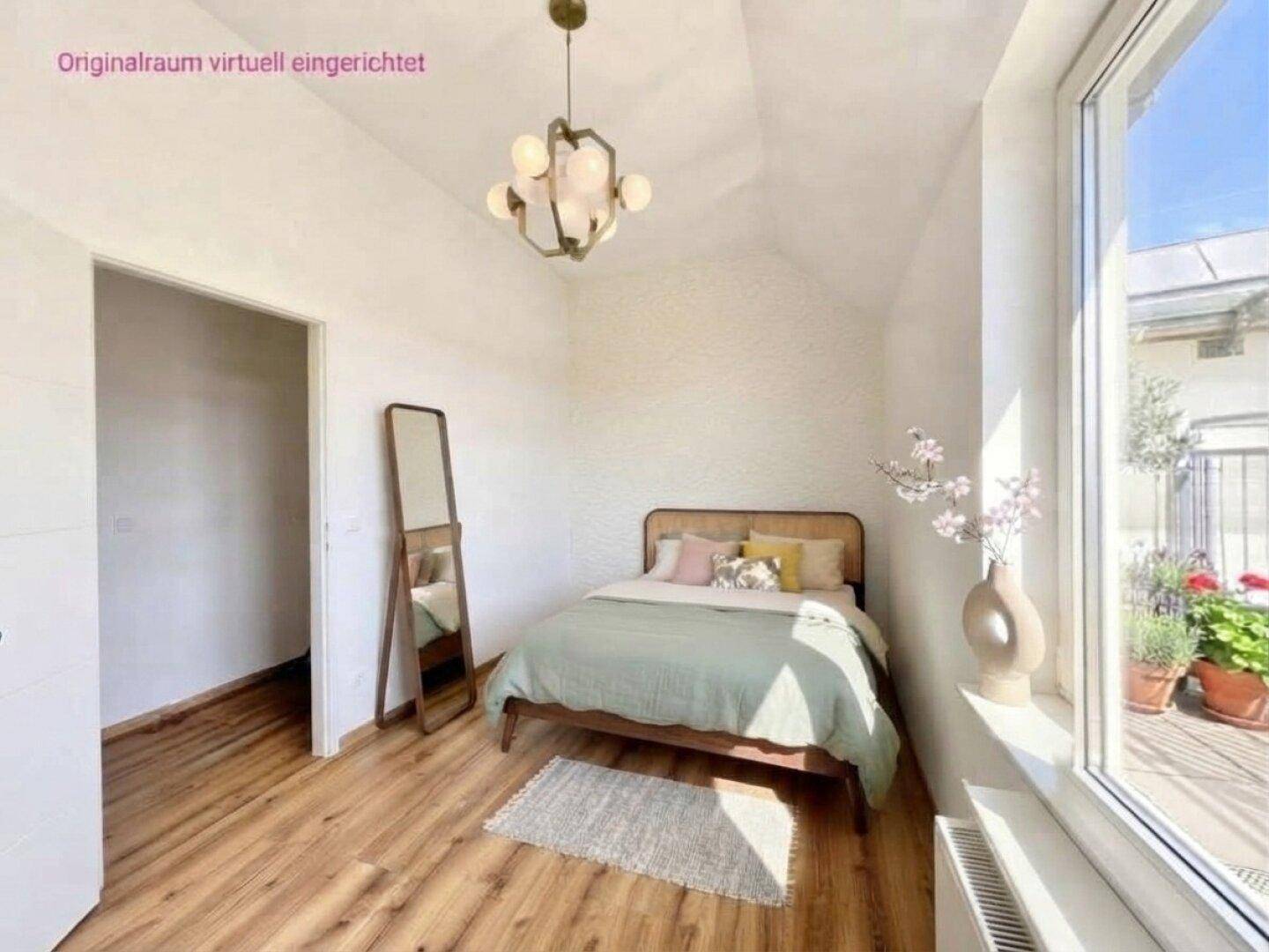 Helles Schlafzimmer mit modernem Design, hohen Decken und Zugang zu einer Terrasse, virtuell eingerichtet.