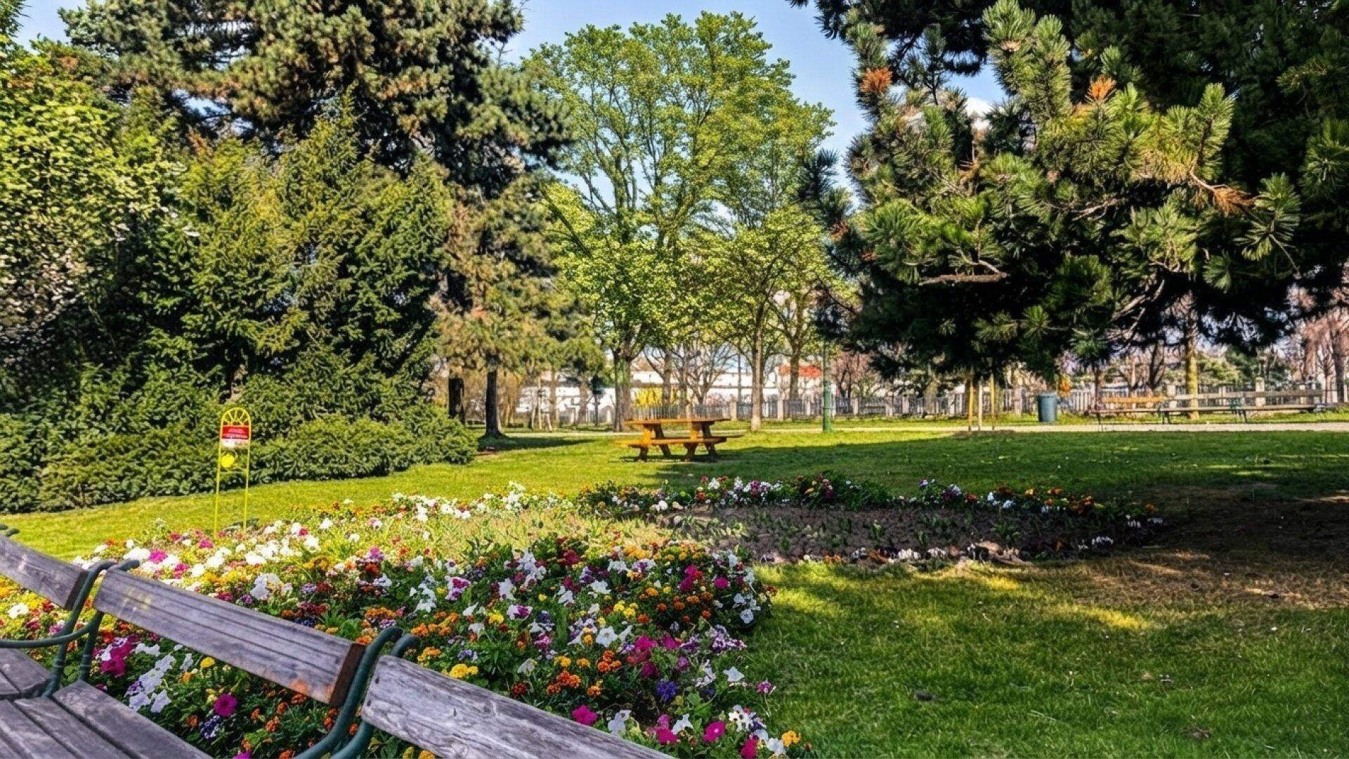 Sonniger Park mit grünen Rasenflächen, hohen Bäumen, bunten Blumenbeeten und einem Picknicktisch.