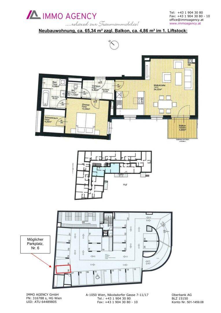 Grundriss der Neubauwohnung mit 65,34 m² Wohnfläche und Balkon.