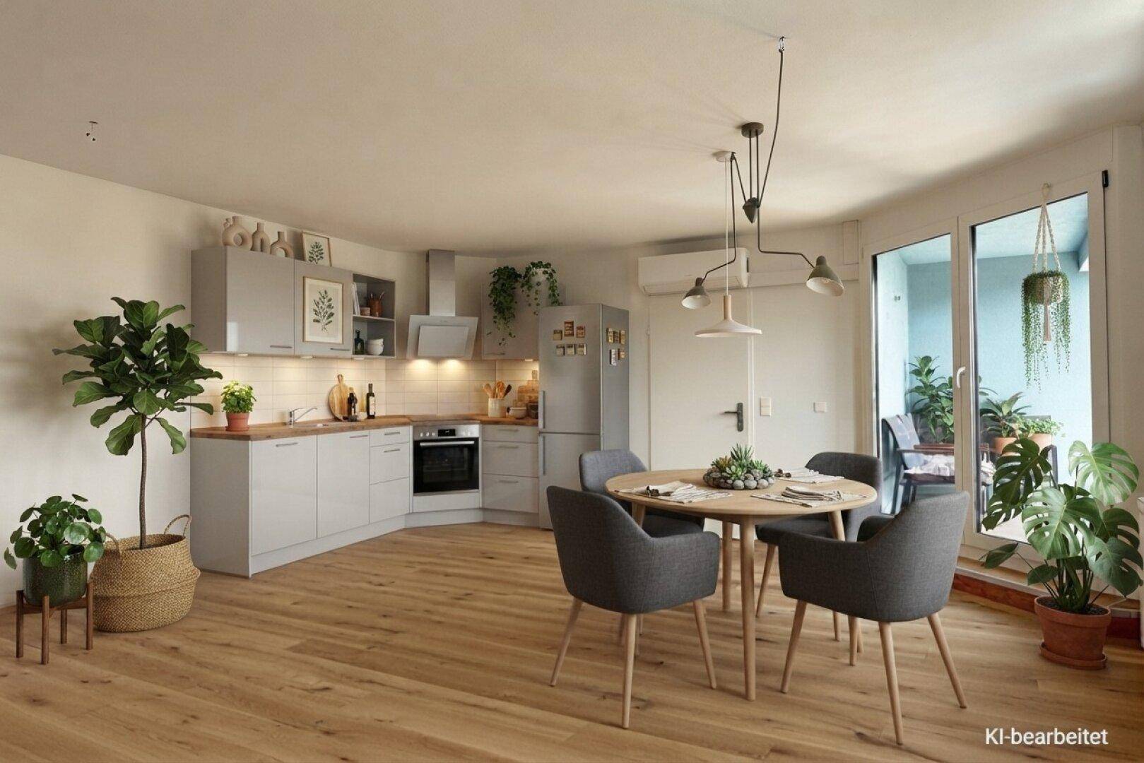 Helle offene Küche mit Essbereich, modernen grauen Schränken und Holzboden, ideal für geselliges Kochen.