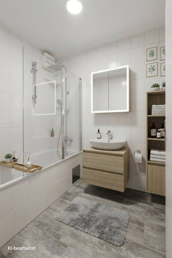 Modernes Badezimmer mit Badewanne, Duschabtrennung und schwebendem Waschtischunterschrank, hell gefliest.