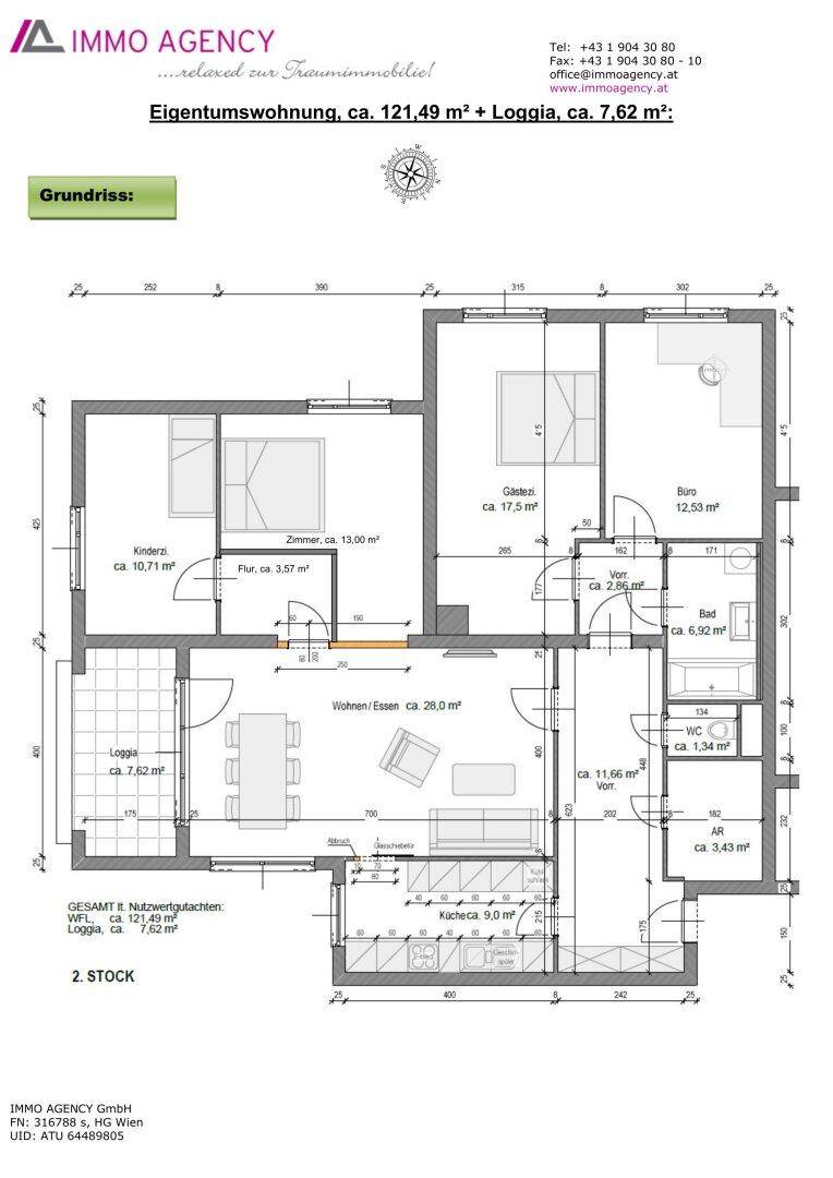 Detaillierter Grundriss einer Eigentumswohnung mit Loggia, zeigt die Raumaufteilung.