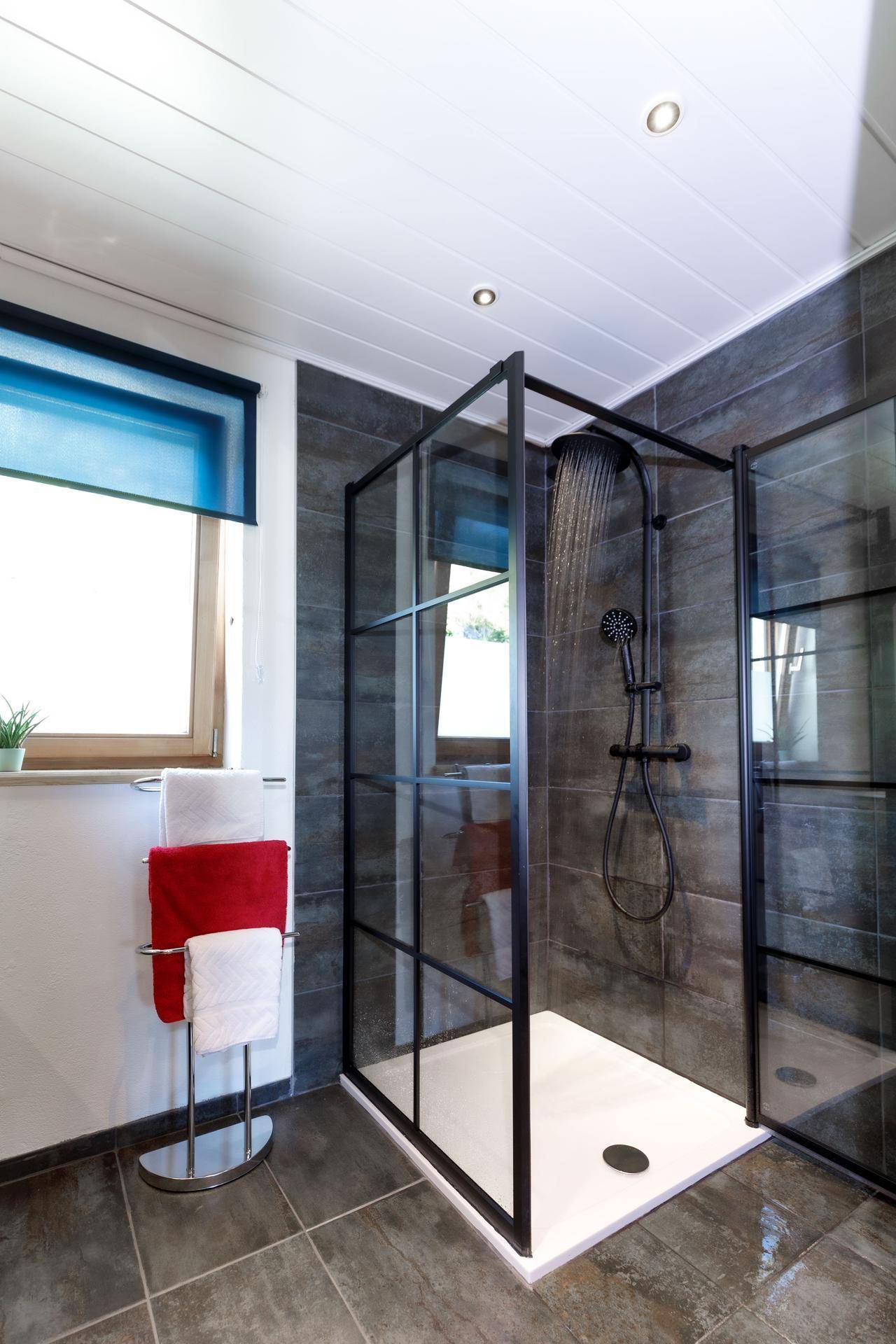 Modernes Badezimmer mit großer begehbarer Dusche, dunklen Fliesen und einem Fenster für Tageslicht.