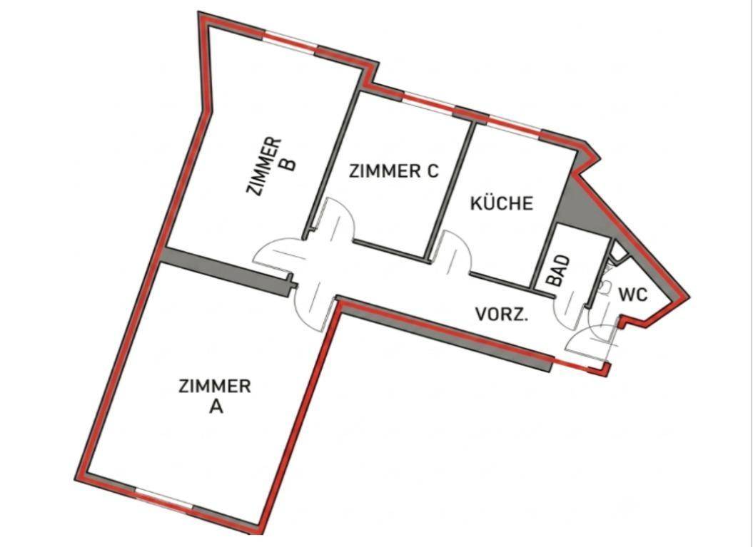 Grundriss der Wohnung mit drei Zimmern, Küche, Bad und separatem WC.